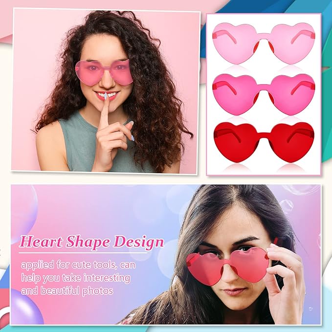 Zhengmy 60 Valentine's Day Heart Shaped Sunglasses Bulk for Women Rimless Transparent Candy Color Glasses for Party Favors