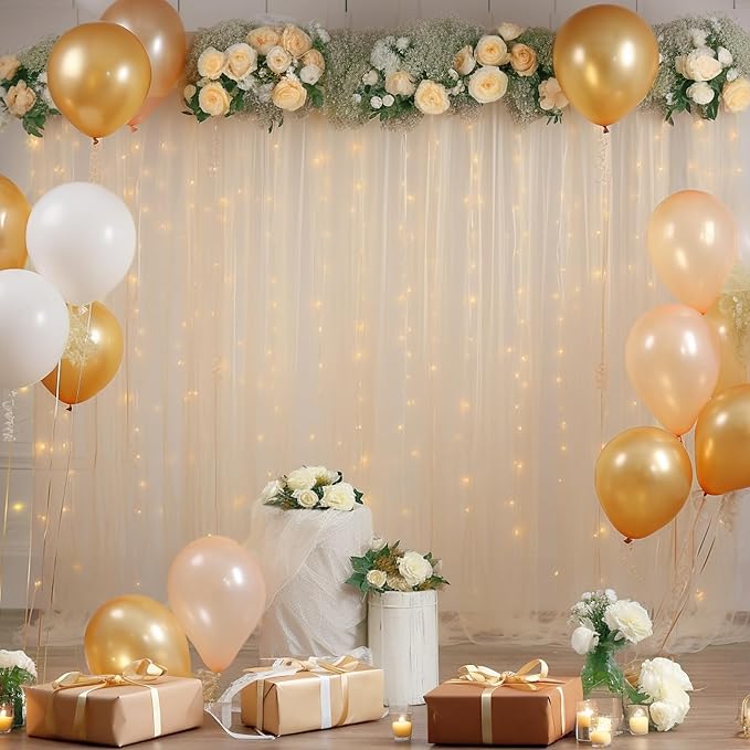 20x8ft Champagne Tulle Backdrop Curtain with Lights String for Parites, Sheer Photo Backdrop Curtains with Lights for Wedding Backdrop Ceremony Reception Bridal Shower Baby Shower Birthday Party