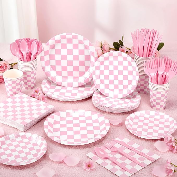 Pickmesh 400 Pcs Pink and White Checkered Party Decorations Set Light Pink Gingham Disposable Paper Plates Napkins Cups Cutlery Plaid Party Decorations for Baby Shower Wedding Birthday Serve 50