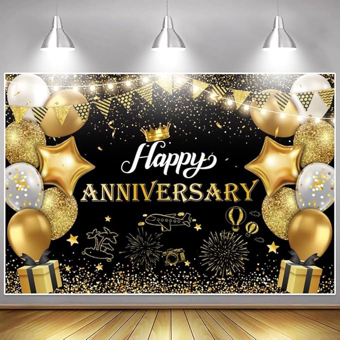 ChloropLastid Happy Anniversary Backdrop Black Gold Anniversary Decorations for Party Banner 50th 60th Anniversary Birthday Wedding Supplies Photo Booth Props Background 10X6.5FT