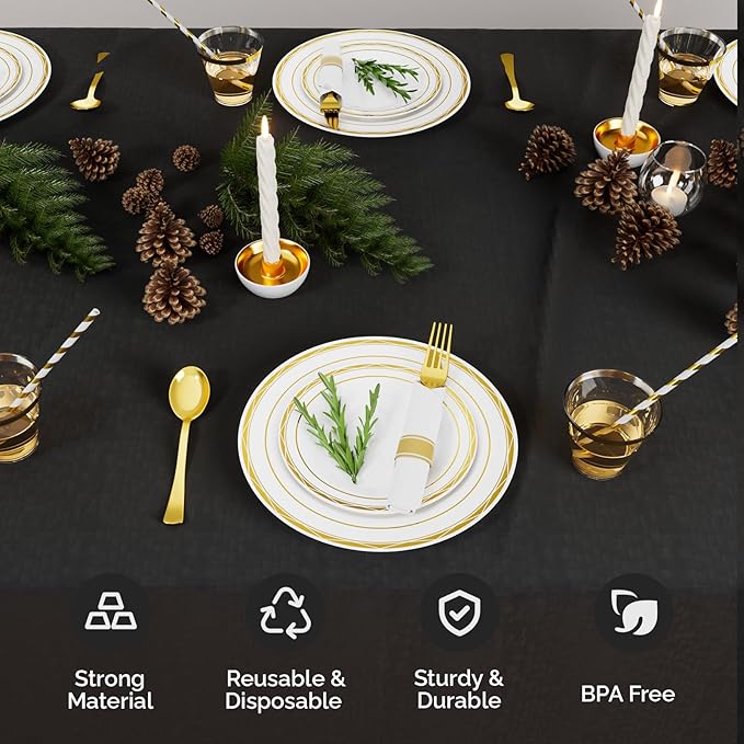 ROVSUN 800 Piece Gold Disposable Dinnerware Set for 100 Guests - Elegant Plastic Plates, 100 Pre-Rolled Napkins, Silverware, Dinner & Dessert Plates, Cups, Straws