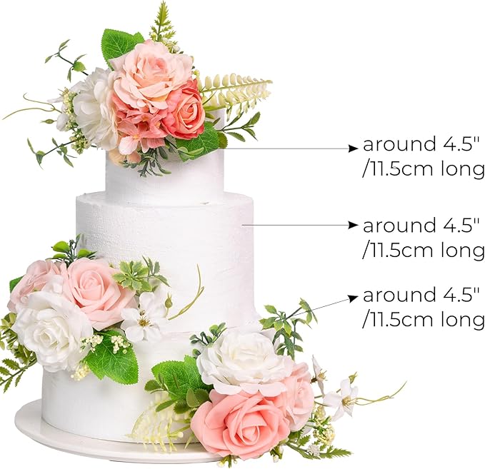 TINGE TIME 3Pcs Pre-made Cake Toppers，Silk Artificial Flowers Decor，Cake Decorations for Weddings, Birthdays, Party,Baby Shower,Celebration (PeachPink&White)