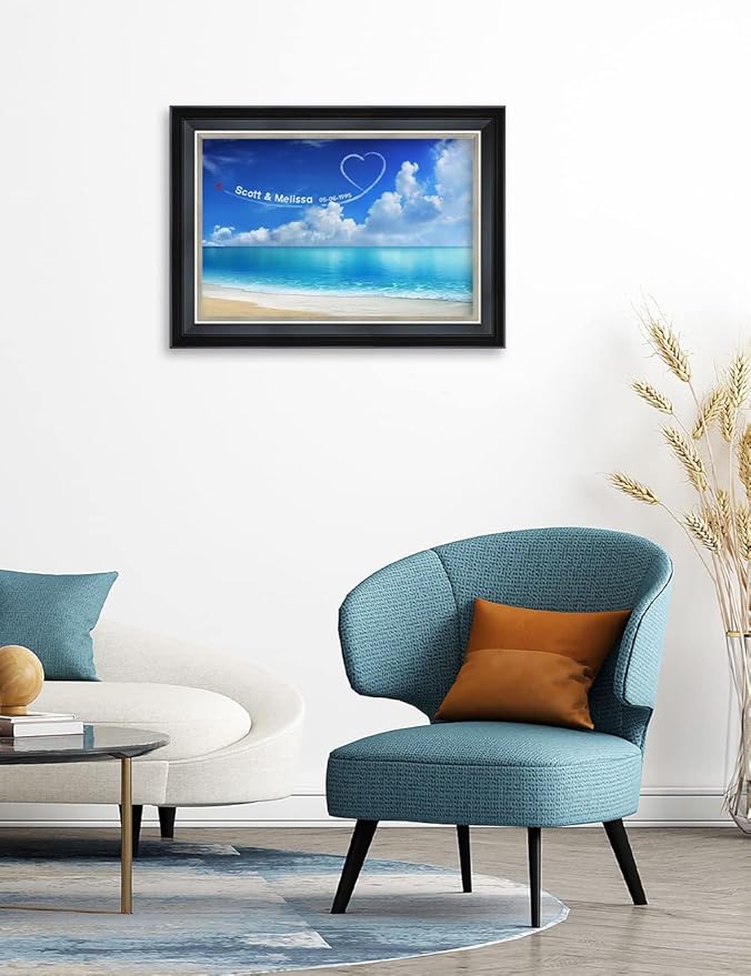 IPIC - Seaside Skywriting Personalized Framed Wall Art with Names and Date on, Giclee Prints with Solid Wood Frame, Customized Gift and Memorial Gifts for Wedding Anniversary.