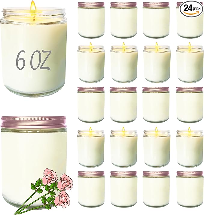 24 Pcs 6 Oz Rose Scented Soy Candles Set,Mason jar Bulk Candles for Gifts,Aromatherapy Candle,Great Stress Relieving Scented Candle for Girls as a Gift for Birthdays, Weddings and More!