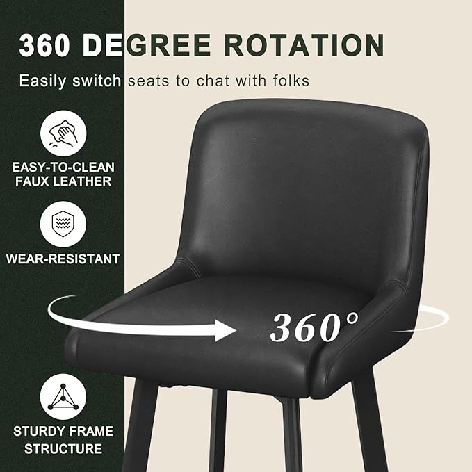 Swivel Bar Stools, 29''H Upholstered Barstools with Backs, Modern Counter Height Bar Stool Chairs for Kitchen Island, Metal Legs (Black- Faux Leather, Set of 2-29" H)