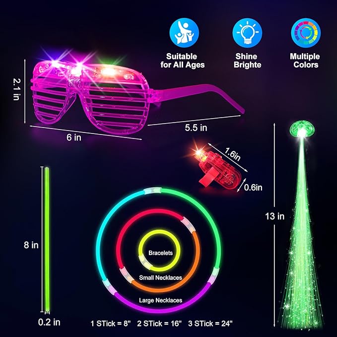 158 PCS Glow in the Dark Party Supplies, 14PCS LED Glasses, 30LED Finger Lights, 14LED Light Hairs and 100PCS Glow Sticks Bracelets, Neon Party Favors for Wedding, Concert, Birthday, New Year