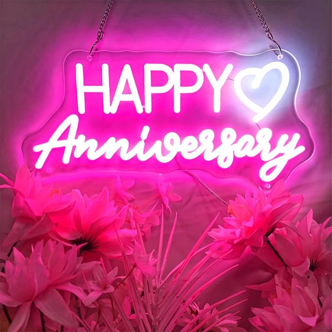 Happy Anniversary Neon Sign,Happy Anniversary Led Signs, Decoration Neon Lights for Bar Pub Christmas, Restaurant, Bedroom Wall Decor Cute Neon Signs Engagement Birthday Wedding Party,SIGNVIA