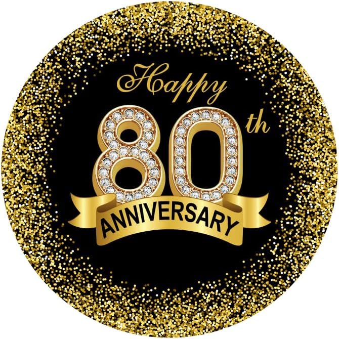 Happy 80th Anniversary Round Backdrop Cover 7.2x7.2ft Luxurious Black Gold Glitter Sequins Diamond 80 Photography Background Ribbon Sparkling Dots Grandparents Dinner Party Circle Arch Decor