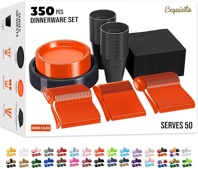 350 Pcs Orange & Black Plastic Plates For Party, Orange & Black Disposable Plates Set, 50 Of Each 9" Dinner Plate Set, 7" Dessert Plate, Cups, Napkins & Cutlery Plastic Dinnerware Exquisite