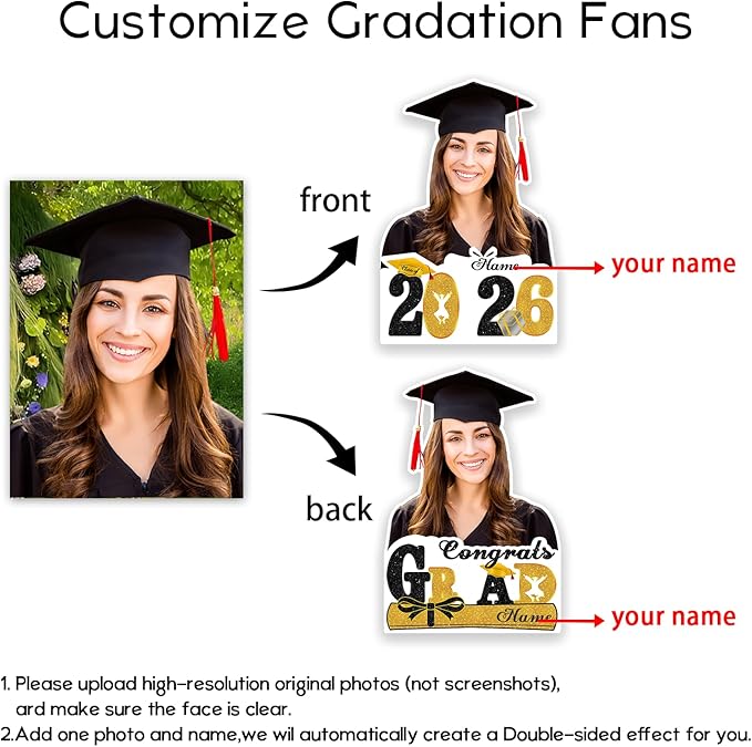 Personalized Graduation Face Fan 2026 Grade Custom Double Sided Face Cutout Fan with Handle Photo Booth Prop Party Supplies(B-Gold and Black,24pcs)