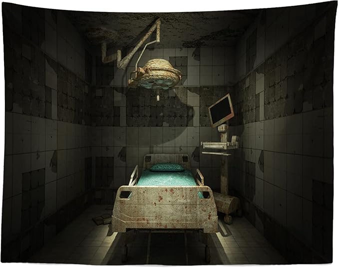 CORFOTO Fabric Creepy Abandoned Operating Room Backdrop Spooky Horror Hospital Interior Background Sickbed Bloody Murder Crime Party Decorations Kids Adults Halloween Party Banner Photo Props