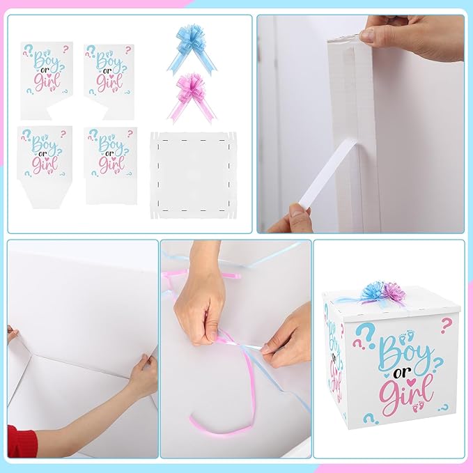 AmazingSpark 28in Jumbo Gender Reveal Gift Box Kit with Oversized Box Giant Pull Bows Boy or Girl Stickers for Gender Reveal Baby Shower Birthday Party Decor