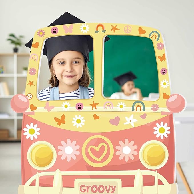 Teling Hippie Bus Photo Booth Prop 43.31 x 37.4 Inch 1960s Hippie Selfie Frame Backdrop Background Banner 60s 70s Retro Large Groovy Van Prop Party Birthday Decor Daisy Party Favor