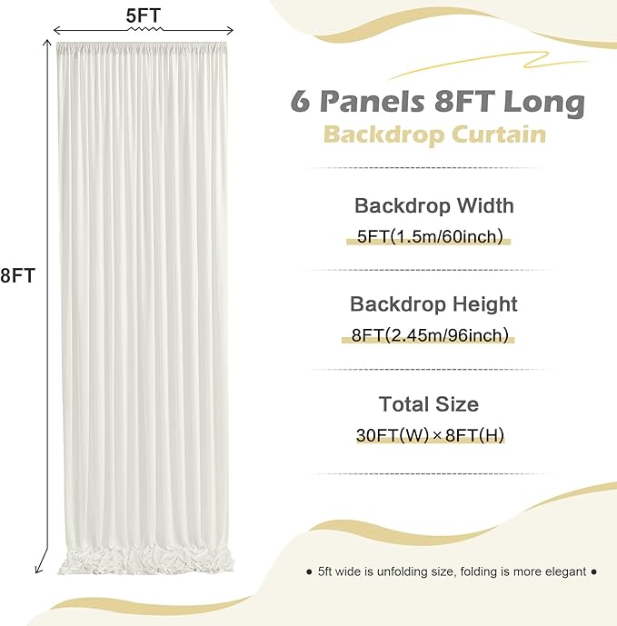 30ft x 8ft Wrinkle Free Ivory Backdrop Curtain for Parties, 6 Panels 5x8ft Silky Polyester Ivory Wedding Backdrop Drapes Photo Back Drop Cloth for Birthday Baby Shower Photography Background