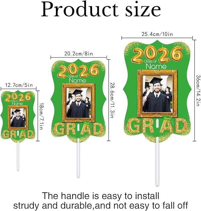 Personalized Graduation Double Sided Face Fan Class of 2026 Customized Graduation Head Face Cutout with Handle Fun Photo Prop Supplies(A-Light Green and Gold,12pcs)
