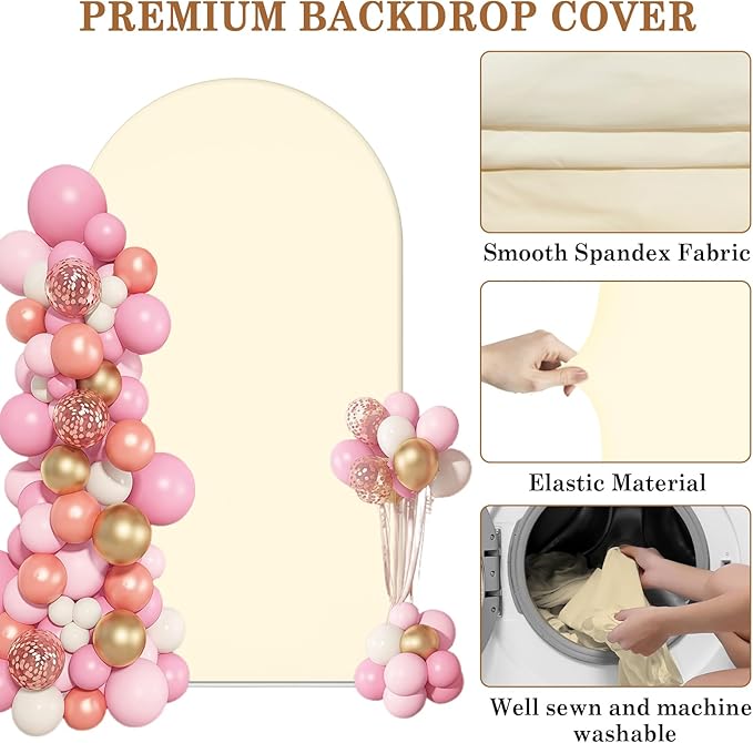 Wedding Arch Backdrop Stand with Arch Cover Spandex,7.3Ft Metal Balloon Arch Stand Frame for Wedding Birthday Party Baby Shower Bridal Banquet Decoration, Beige