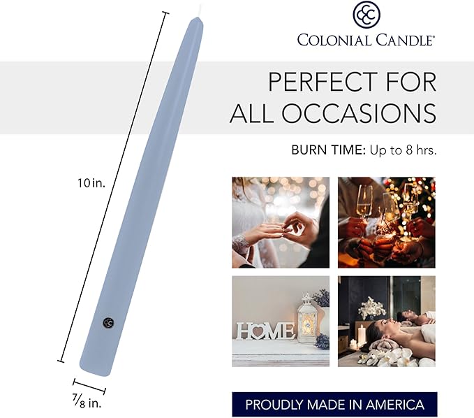 Colonial Candle Unscented Taper Candle, Handipt Collection, Wedgewood, 10 In, Pack of 12 - Up to 8 Hours Burn