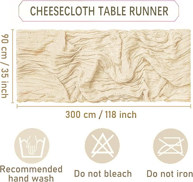 12 Pack Beige Cheesecloth Table Runners 35 x 120 Inch Rustic Boho Gauze Christmas Table Runner for Wedding Arch, Party Decoration, Bridal Shower, Reception, Farmhouse Dining Decor