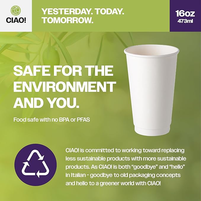 CIAO! 16 oz Insulated Double Wall White Paper Hot Cup, 90mm Diameter, 400 Count