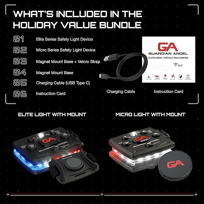 Guardian Angel Safety Light Value Bundle (2 Pack): Elite (Red/Blue/White Front, Red/Blue Rear) + Micro (White Front, R Rear) – Hands-Free LED Flashlights for Law Enforcement and Recreational Use
