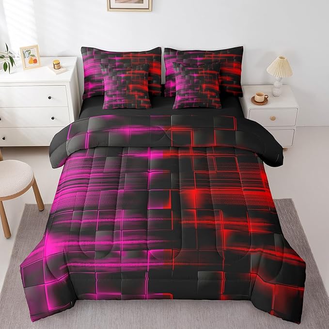 Feelyou Red and Rosered Comforter Set with Sheets 7 Piece King Size Kids Geometric Bed in a Bag Strip Lines Bedding Set Abstract Art Bed Set with Comforter, Sheets,Pillowcases,Cushion Covers