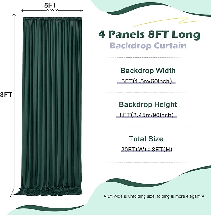 20ft x 8ft Wrinkle Free Hunter Green Backdrop Curtain for Jungle Parties, 4 Panels 5×8ft Soft Silky Green Polyester Photo Backdrop Drapes for Wedding Birthday Photography Christmas Background Cloth