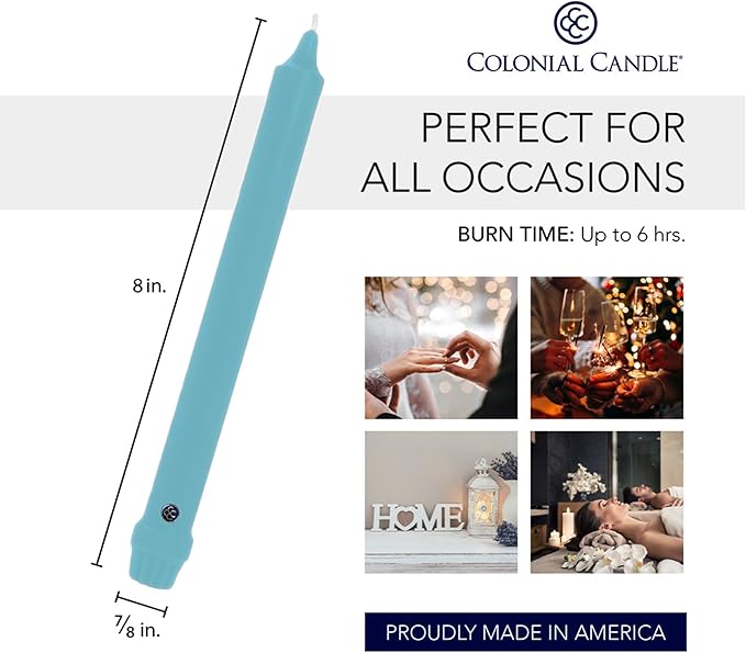 Colonial Candle Unscented Taper Candle, Classic Collection, Coastal Blue, 8 in, Pack of 12 - Up to 6 Hours Burn