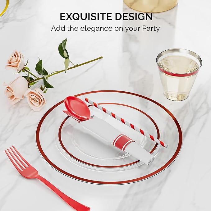 ROVSUN 800 Piece Black Disposable Dinnerware Set for 100 Guests, Clear Plastic Plates for Party, 100 Pre-Rolled Napkins,Silverware,Dinner & Dessert Plates,Cups,Straws for Wedding Birthday Event