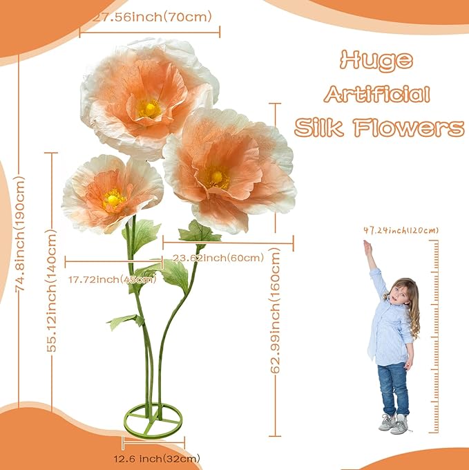 Giant Artificial Flowers for Home Decor Big Fake Hydrangea Flower for Outdoor Decoration Lifelike Paper Flower Decorations Large Handcrafted Paper Flowers Wedding Arrangement Flower Backdrop(Orange)