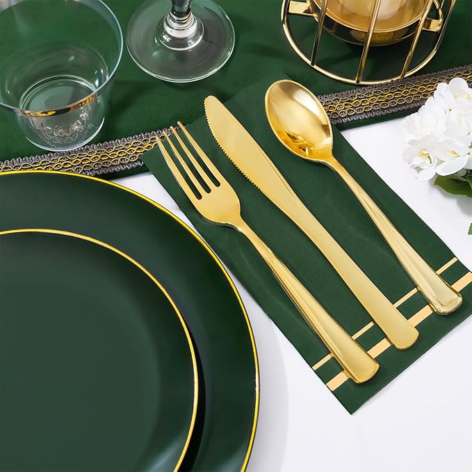 NOCCUR 350PCS Green Plastic Plates - Disposable Green Gold Dinnerware Set for 50 Guests, 100 Dinner/Dessert Plates, 150 Gold Silverware, 50 Cups&50 Napkins for Party/Wedding