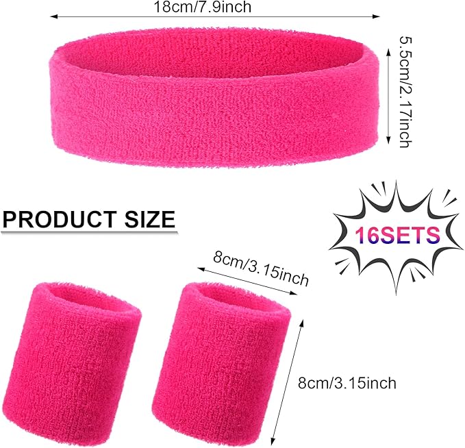 48pcs 16 Sets Neon 80's Sweatbands for Women Men Headband Wristband Set 16 Headband and 32 Wristbands Football Wristbands Sports Accessories Halloween Cosplay Glow Party