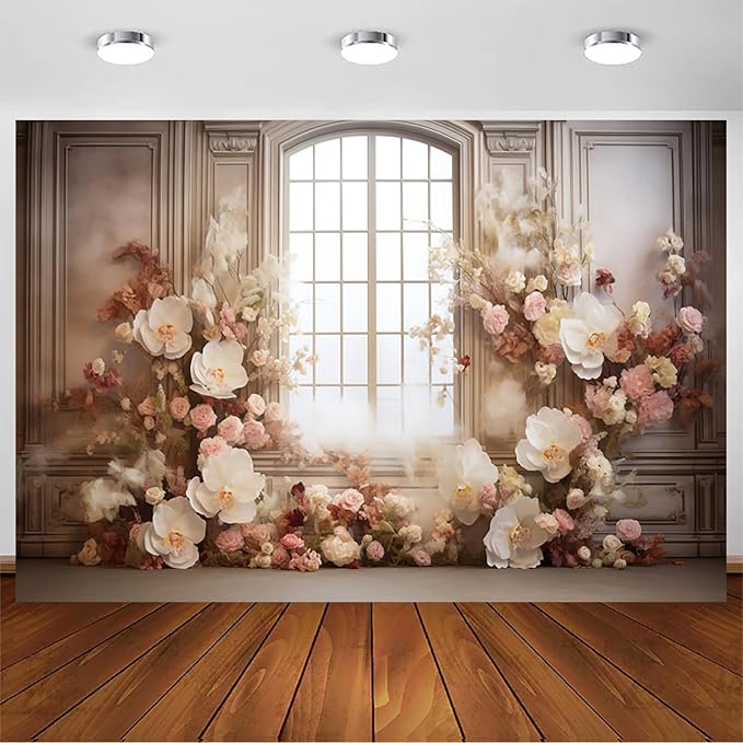 European Style Interior Room Backdrop 10x8ft Art Oil Painting Flowers French Window Photography Background Birthday Bridal Shower Women Girl Home Room Office Decor Banner Photo Studio Props