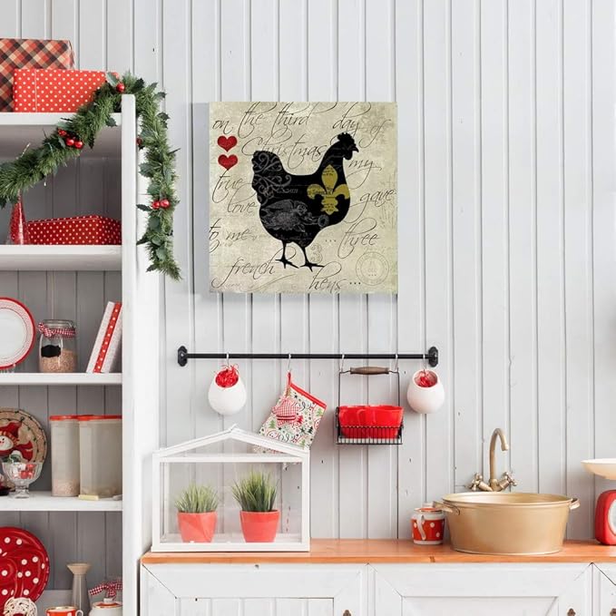 Renditions Gallery Twelve Days of Christmas Wall Art, Three French Hens, Cute Winter Artwork, Holiday Song Decor, Premium Gallery Wrapped Canvas, Ready to Hang, 24 in H x 24 in W, Made in America