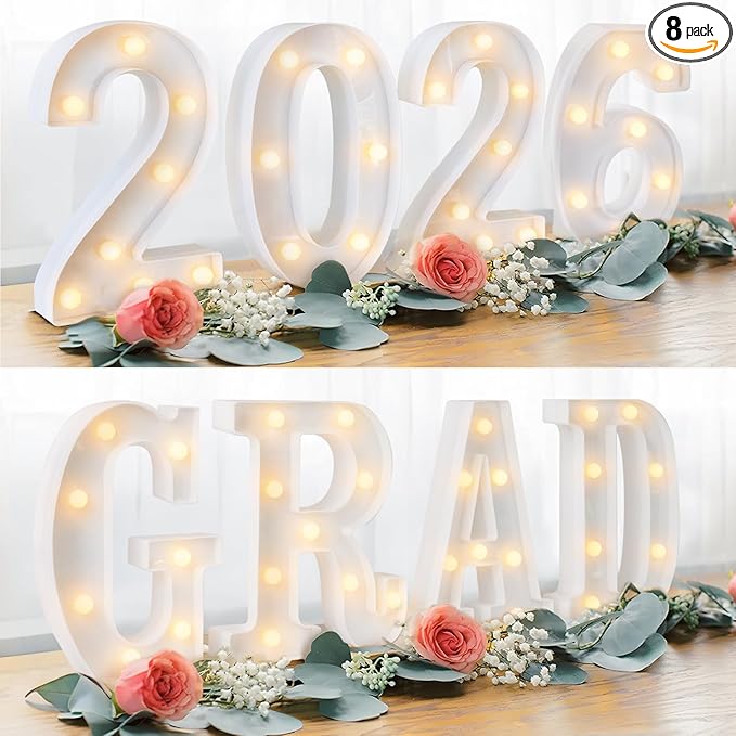 Graduation Decorations 2026 Deals - 8 LED Marquee Light Up Letters 'GRAD 2026' - Class of 2026 Ornaments Sign for Kindergarten High School College Wall Table Centerpieces Decor Party Supplies