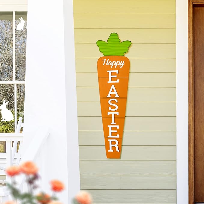 Glitzhome 41.5"H Easter Wooden Carrot Porch Decor, Metal Easter Porch Sign Welcome Sign for Home or Yard