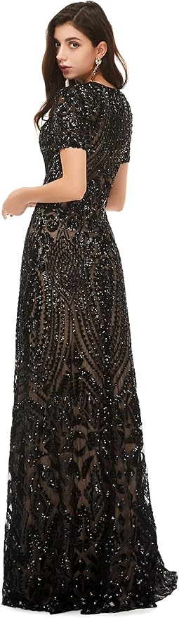 Women's Double V-Neck Sequins Lace-up Mermaid Evening Dress