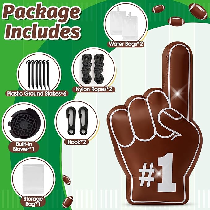 4.6FT Football Inflatable Number One Finger Built-in 2 LED Lights Blow Up Spirit Finger for Football Birthday Game Day Tailgate Party Team Coach Cheering Decorations