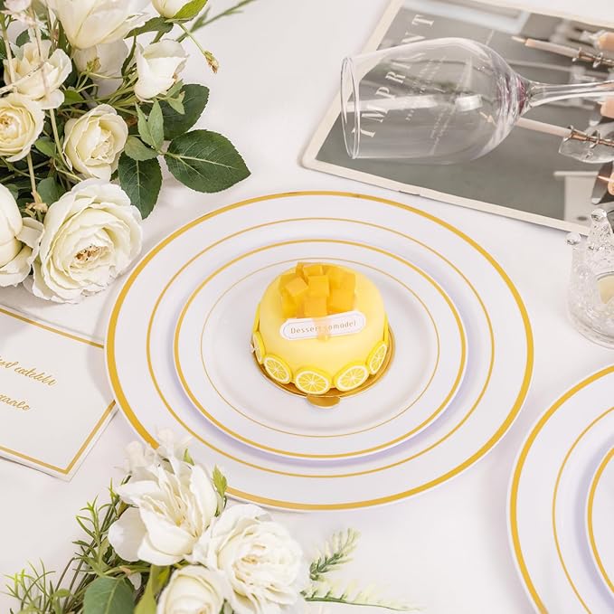 NOCCUR 200PCS Gold Plastic Plates - 100 Dinner / 100 Dessert Disposable Plates Heavy Duty - Ideal for Wedding/Party/New Year