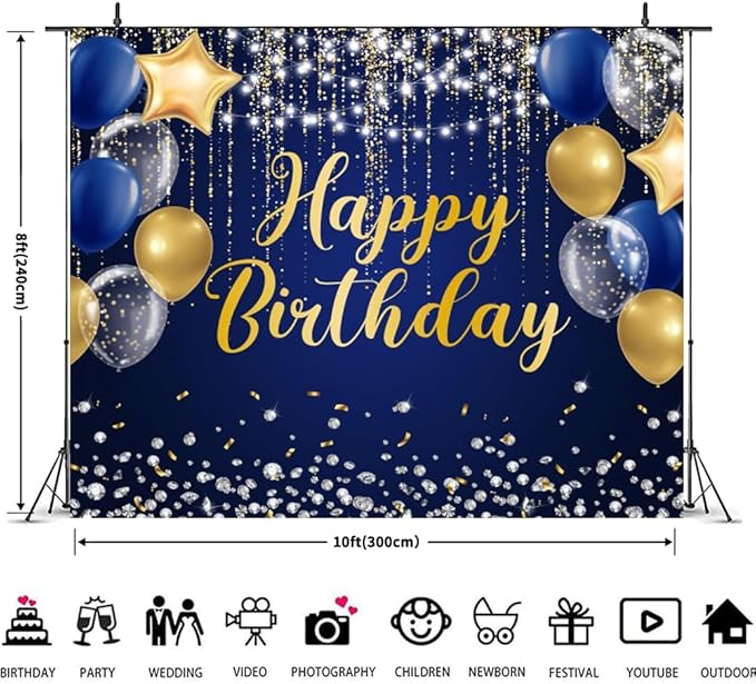 Blue Gold Happy Birthday Backdrop 10x8ft Gold Silver Glitter Birthday Photography Background Banner for Men Birthday Party Table Wall Decoration Photo Shoot Studio Props