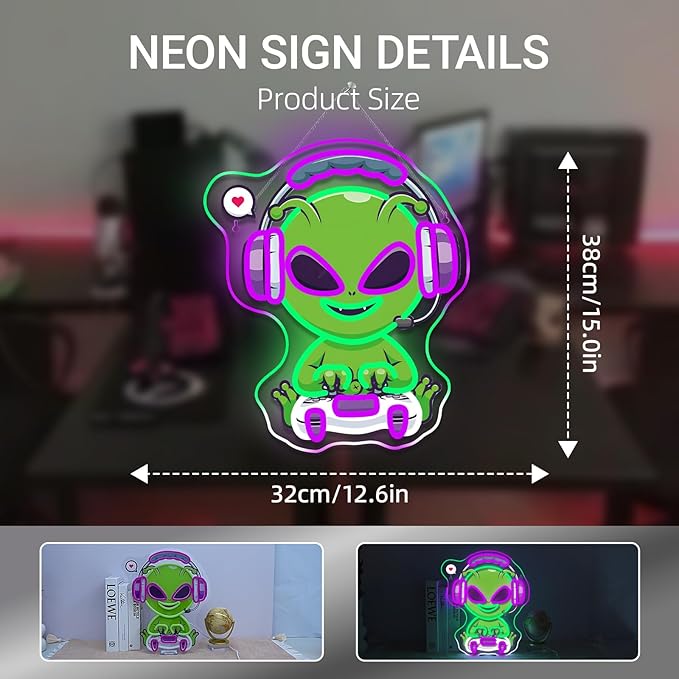 Gamerneon Alien Neon Sign Gaming Neon Signs for Wall Decor Game Room LED Light for Man Caves Zone Club Gamer Lover Teens Bedroom Home Boys Gift