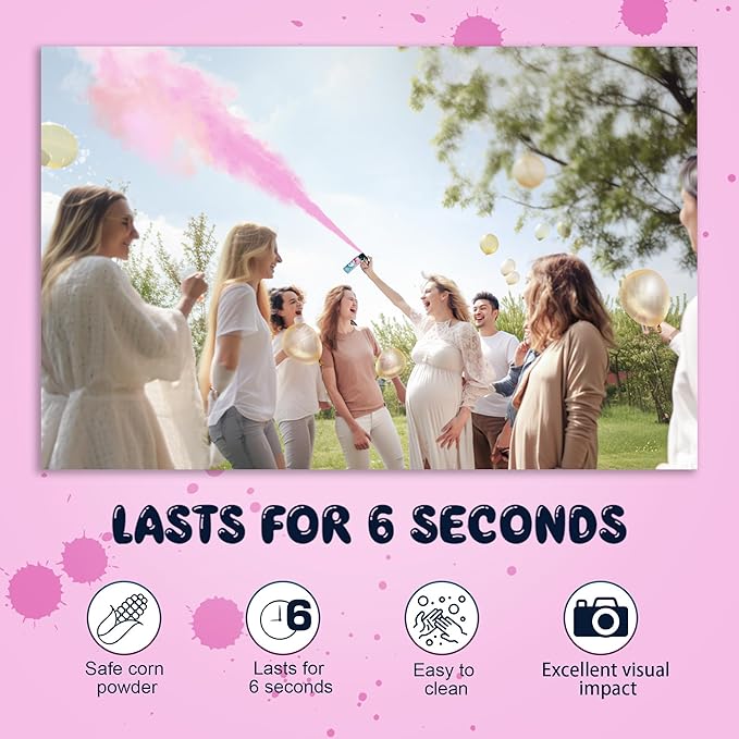 2 Pack Pink Gender Reveal Fire Extinguishers with 4 Pack Pink Confetti Cannons for Baby Girl Gender Reveal Party