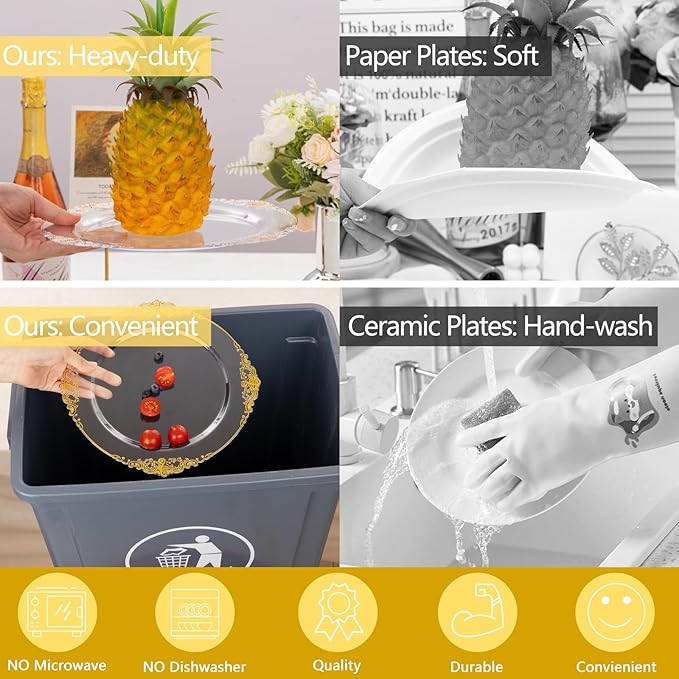 Hioasis 210pcs Clear and Gold Plates - Clear Party Plates for 30 Guest, Include 60 Heavy-duty Plates(20% Thicker Than Standard), 30 Pre Rolled Gold Plastic Silverware Set, 30 Cups
