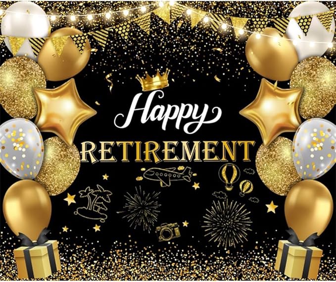 8x8ft Happy Retirement Photography Backdrop Black and Gold Retirement Party Decorations Backdrop Background Balloons White Lights Glitter Celebrate Retirement Party Supplies Studio Props