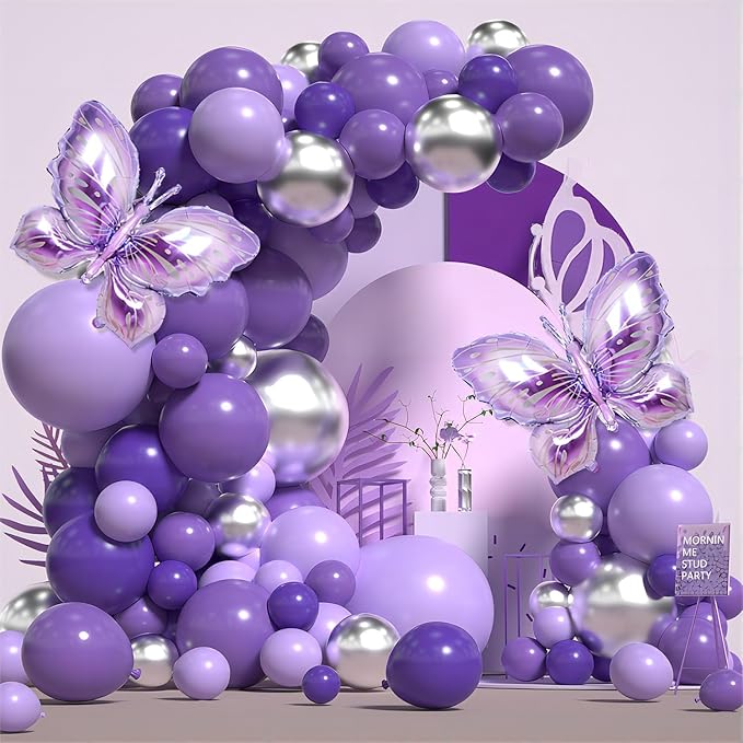 240Pcs Birthday Decorations for Women Girls, Purple Silver Black Party Decorations, Happy Birthday Supplies - Butterfly, Hanging Swirl, Sash, Tiara, Banner, Balloon, Tableware For 16 Guests