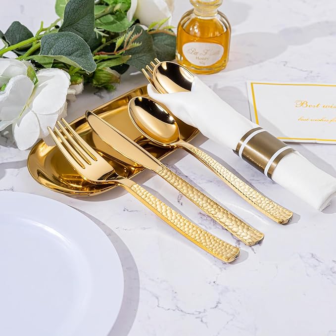 WELLIFE 50 Pack Gold Plastic Silverware with Pre Rolled Napkins,Hammer Pattern Design,Plastic Cutlery Includes: 50 Forks,50 Knives,50 Spoons,50 Napkins,Gold Silverware Disposable for Party and Wedding