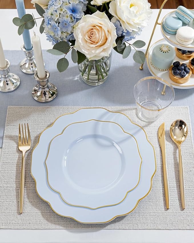 bUCLA 180PCS Blue Plastic Plates - Disposable Light Blue with Gold Rim - Include 30 Each (Dinner & Salad) Plates, 30 Knives, 30 Forks, 30 Spoons, 30 Cups for Party, Birthday & Shower