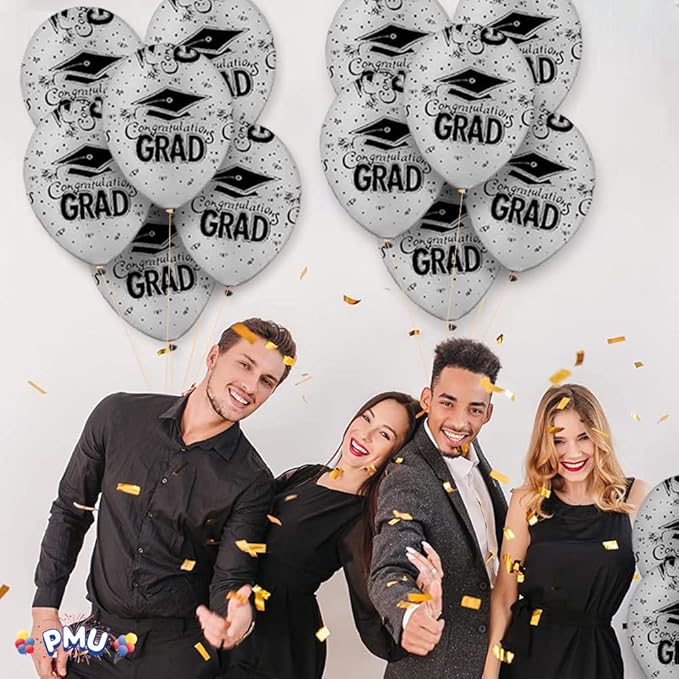 PMU 100 Pcs Silver Graduation Balloons Class of 2025 with All-Over Print White Grad Caps-Confetti and Streamers | Graduation Party Supplies | Congratulations Grad Latex Balloons Latex