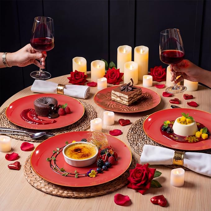 KIRE 350PCS Red Plastic Plates - Heavy Duty Red Plates Disposable - 50Guest Plastic Dinnerware Include 50Dinner Plate,50Dessert Plate,50Pre Rolled Napkins with Silverware for Valentine's Day&Wedding