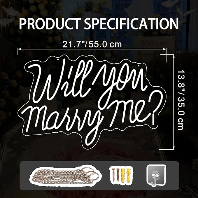 Will You Marry Me Neon Sign for Wedding Party Backdrop Marry Me Light Up Letters for Wall Decor Neon LED Signs for Marriage Proposal Valentine's Day Decorations 21.7x13.8 Inch (warm white)