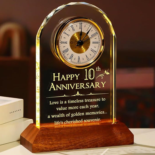 YWHL 10th Wedding Anniversary Clock Gifts for Couples, Happy 10 Years Anniversary Glass Gift for Her Him, Table Clock Presents with Wooden Light Base for Home Party (Battery not Included)